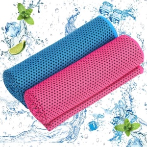 Set of 2 Dkiny refreshing fitness towels, microfibre, red/blue, 100 x 30 cm