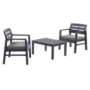 Terrace/garden furniture set, Progarden, LOMBOK, 3 pieces, polypropylene, anthracite, 2 chairs 63x58x74 cm, table 74x55x38 cm, with cushions included, sealed, Grade A