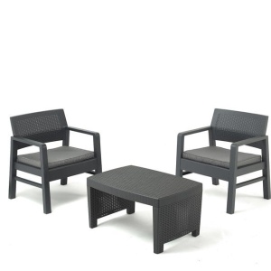 Garden/terrace furniture set, Prograden, TAMBO, 3 pieces, polypropylene, anthracite, 2 chairs 76x53x40 cm, table 76x53x40 cm, with cushions included, sealed, Grade A